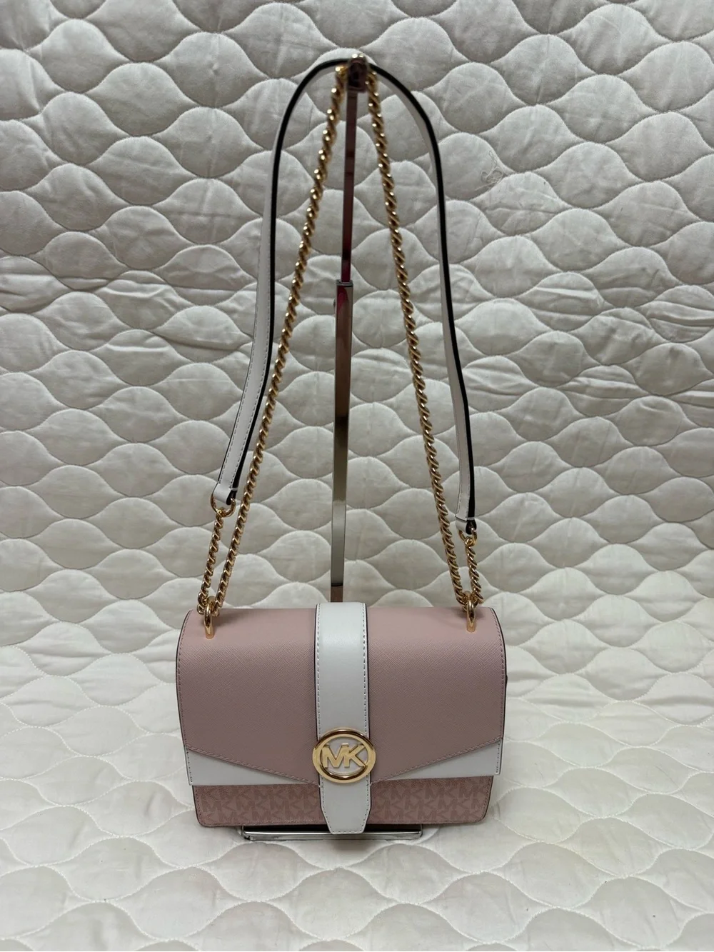 Michael Kors Blush Pink & White Leather Shoulder Bag with Gold MK Accent